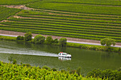 Houseboat on the river Mosel between Germany and Luxembourg near Nittel, Germany, Luxembourg, Europe