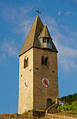 Bell tower with moon in the vineyards of Kobern-Gondorf, Mosel, Rhineland-Palatinate, Germany, Europe