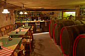 Shop and cellar of casks at Dreigiebelhaus winery Kroev, Mosel, Rhineland-Palatinate, Germany, Europe