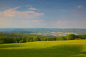 View from Greifenstein over the Westerwald towards Fleisbach (in the foreground) and Sinn (in the background), Hesse, Germany, Europe