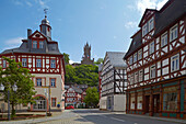 Old Town hall (1724), half-timbered houses and Wilhelmsturm (1872-75), Dillenburg, Westerwald, Hesse, Germany, Europe