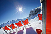 Empty chairs on mount Seekopf, Zurs, Lech, Vorarlberg, Austria