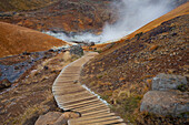 Wooden platform leading to the fumarole, Krisuvik, Reykjanes, Iceland