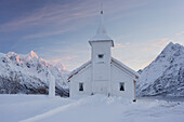 Church in Sildpollneset, Vestpollen, Austnesfjorden, Austvagoya, Lofoten, Nordland, Norway
