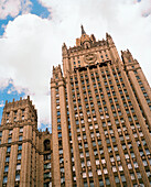 RUSSIA, Moscow, view of one of Stalin's Seven Sisters building against cloudy sky, low angle view