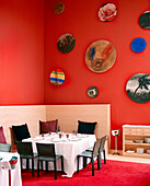 SPAIN, El Ciego, La Rioja, dining table at the Marques De Riscal Restaurant.