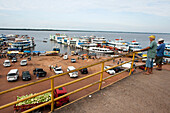BRAZIL, Manaus, boats parked along the Amazon River, bringing fish and produce to sell at the Manaus market