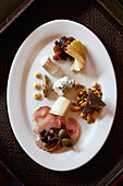 USA, California, Sonoma, The Girl and the Fig restaurant, the works cured meats, seasonal fruit, fig cake, 3 types of cheese