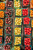 USA, California, Malibu, organic heirloom tomatoes for sale at the Malibu farmers market on Civic Center Way