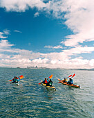 USA, California, Sausalito, kayakers paddle from Sausalito towards the city of San Francisco, San Francisco Bay