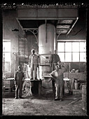 ERITREA, Asmara, the foundry workers who built the original railroad connecting Asmara to the port town of Massawa (B&W)