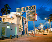 USA, Florida, fishing bait and tackle store at dusk, Bud N' Mary's Marina, Islamorada