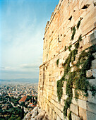 GREECE, Athens, view of the city from the Acropolis entrance at the top of the steps, an area called the Propylaea