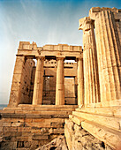 GREECE, Athens, large stone columns of the entrance into the Acropolis, an area called the Propylaea