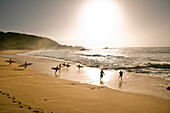 USA, Hawaii, surfers running into the water, Waimea Bay, Oahu