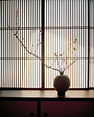 JAPAN, Kyushu, detail of window and pottery, Yoyokaku Ryokan