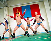 MONGOLIA, Ulaanbaatar, Mongolian wrestlers training at the Olympic school facility