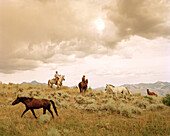 USA, Montana, cowboys sitting on horseback after letting other horses to pastrue, Mountain Sky Guest Ranch
