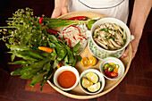 VIETNAM, Hanoi, Sofitel Metropole Hotel, beef pho noodle soup with sides
