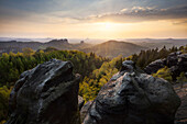 Sunset over the Saxon Switzerland National Park, with the view from Affensteine in Spring, Saxony, Germany