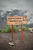 Information sign at Montana peak, Machu Picchu, Cusco, Cuzco, Peru, Andes, South America