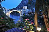 At the old bridge in the evening light, Mostar, Bosnia and Herzegovina