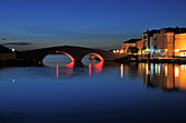 Bridge in the evening light and the old town of Pag, Island of Pag, Dalmatia, Adriatic Coast, Croatia
