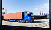 Container truck at Hamburg harbour, Hamburg, Germany