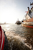 Harbour area near Oevelgoenne, view from a barge, Elbe, Hamburg, Germany