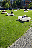 White plastic cubes on the court next to St. Peter's Cathedral that epitomize the old foundation, city centre, Hamburg, Germany