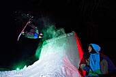 Snowboarder jumping, Rosenheim, Upper Bavaria, Bavaria, Germany