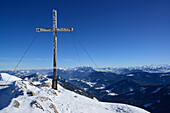 Summit of Hinteres Sonnwendjoch, Kaiser range and Central Alps in the background, back-country skiing, Hinteres Sonnwendjoch, Mangfall range, Bavarian Alps, Tyrol, Austria