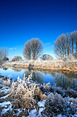 Hoare frost winter scene, river Welland, Peakirk village, Cambridgeshire, England, Britain, UK