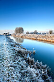 Hoare frost winter scene, river Welland, Peakirk village, Cambridgeshire, England, Britain, UK