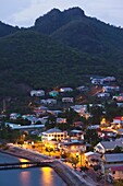 St  Vincent and the Grenadines, St  Vincent, Leeward Coast, Layou, elevated town view, dusk