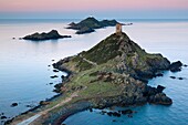France, Corsica, Corse-du-Sud Department, Corsica West Coast Region, Ajaccio-area, Pointe de la Pirata, view of the Iles Sanguinaires, dawn