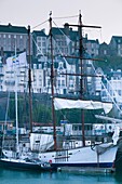 France, Normandy Region, Manche Department, Granville, port view with La Marite sailing ship, dawn