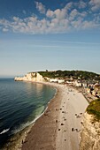 France, Normandy Region, Seine-Maritime Department, Etretat, elevated view of town beach