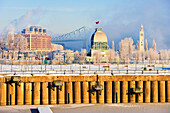 Old Montreal and mist at sunrise, Montreal, Quebec