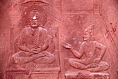 Bhagavad Gita engraved on a Hindu temple : dialogue between Krishna and Arjuna Vrindavan. India.