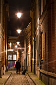 France, Lille, town, man with his dog in an old alley by night.