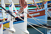 'France, Provence-Alps-Côte-d'Azur, Saint-Tropez, The Port, Bow of a small sailing boat named ''St Tropez'''