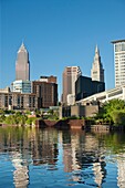 CUYAHOGA RIVER AT SETTLERS LANDING PARK DOWNTOWN SKYLINE CLEVELAND OHIO USA