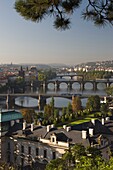 MANESUV CHARLES AND LEGIL BRIDGES OVER VLTAVA RIVER FROM LETNA HILL OVERLOOK PRAGUE CZECH REPUBLIC