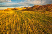 Sunset over the blowing grass and mud formations in badlands national park, south dakota usa