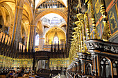 Interior of cathedral with choir stalls, La Catedral de la Santa Creu i Santa Eulalia, Gothic architecture, Barri Gotic, Barcelona, Catalonia, Spain