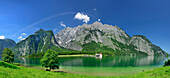 Panorama with view to lake Koenigssee and St. Bartholomae church, Hachelkoepfe, Watzmann with Watzmann East Face, Suedspitze, Mittelspitze and Hocheck and Watzmannkinder in the background, lake Koenigssee, Berchtesgaden range, Berchtesgaden National Park,