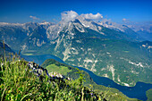 View from Jenner to lake Koenigssee, Steinernes Meer range and Watzmann, Jenner, Berchtesgaden range, National Park Berchtesgaden, Berchtesgaden, Upper Bavaria, Bavaria, Germany