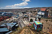Ascensor Artilleria funicular with cruise ships in port, Valparaiso, Valparaiso, Chile