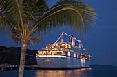 Cruise ship MS Deutschland (Reederei Peter Deilmann) at pier and palm tree at dusk, Tortola, Tortola, British Virgin Islands, Caribbean